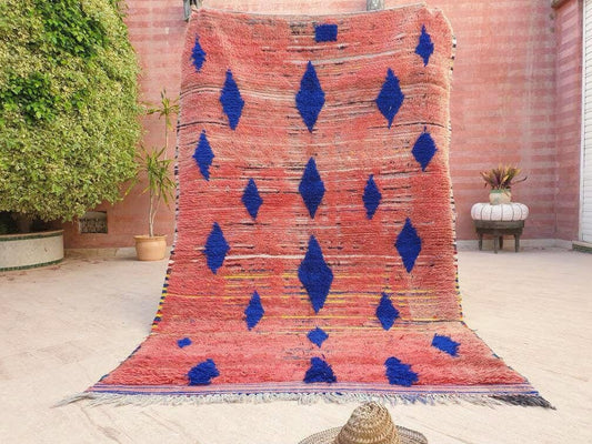 Stunning Vintage Moroccan Rug 5x8.3 Unique Coral pink Boujaad rug, Blush Pink and Blue vintage boujad rug handmade rug