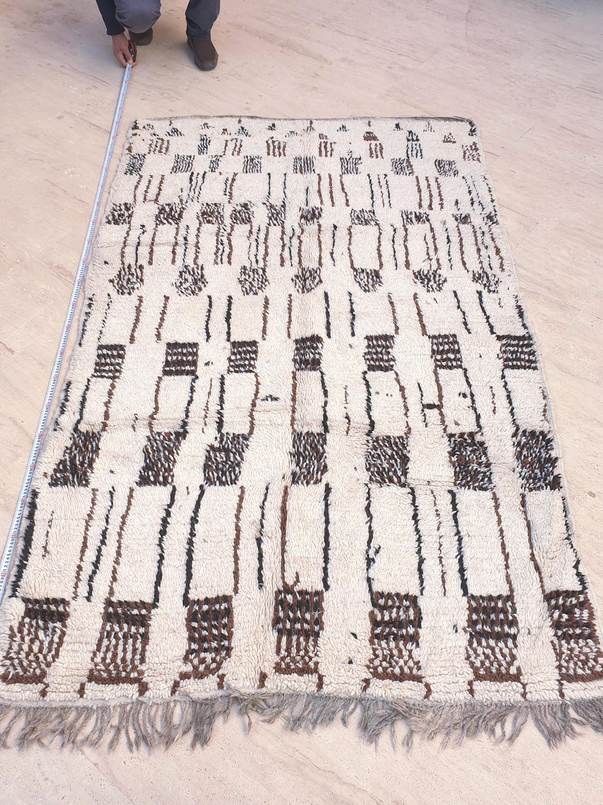 Vintage Berber Azilal Rug, Cream & Brown Wool, Moroccan Tribal Design (4.5x7.5 ft)