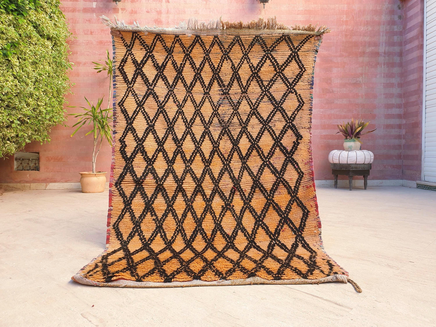 Vintage Moroccan Boujaad Rug Amber Orange with Black Diamond Pattern •  3.6 x 5.6 ft •