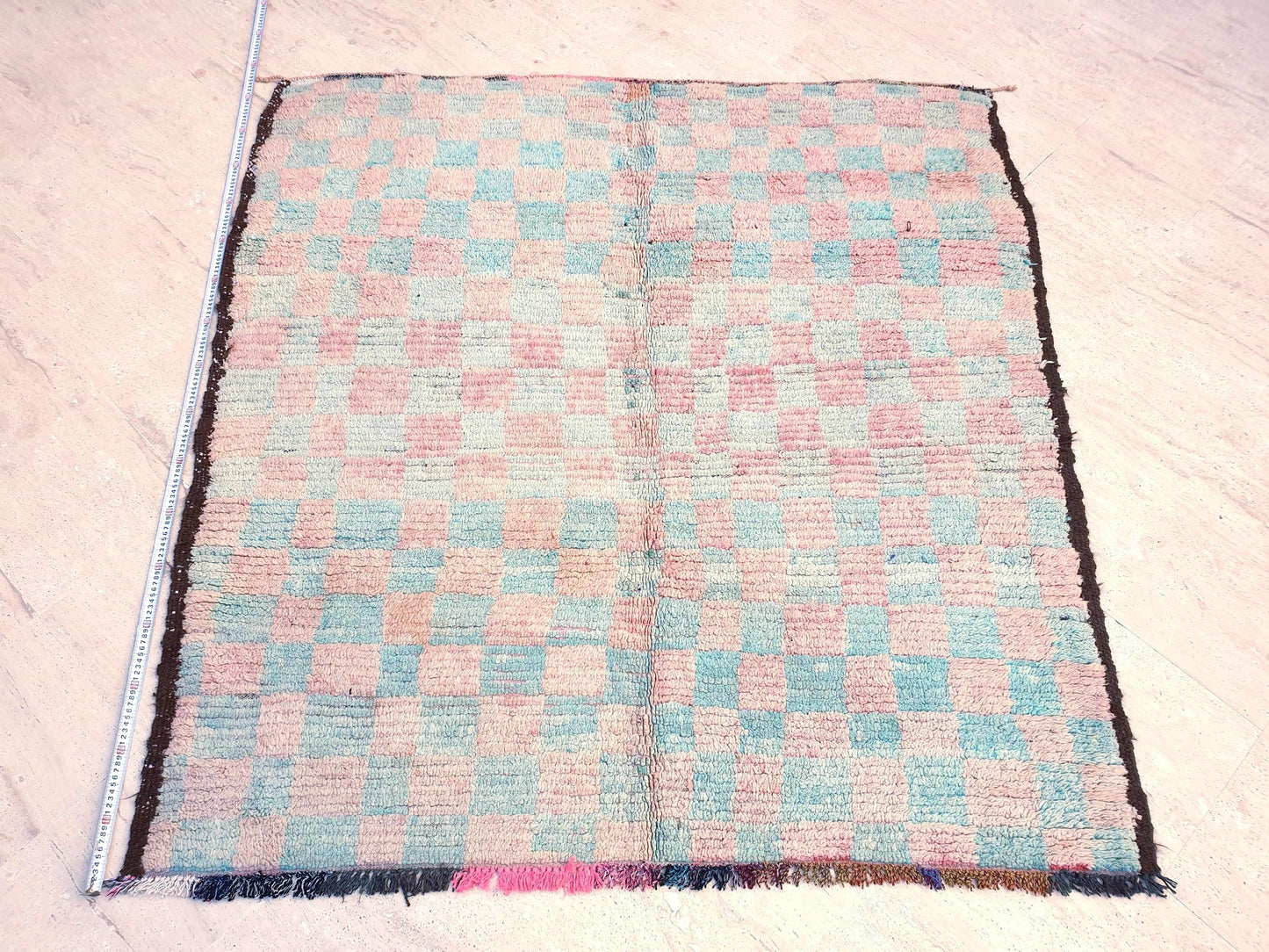 Pastel Checkered Boujaad Rug, 5.1x5.4 ft pastel aqua blush rug, Vintage Moroccan rug, Vintage Boujaad squarish rug