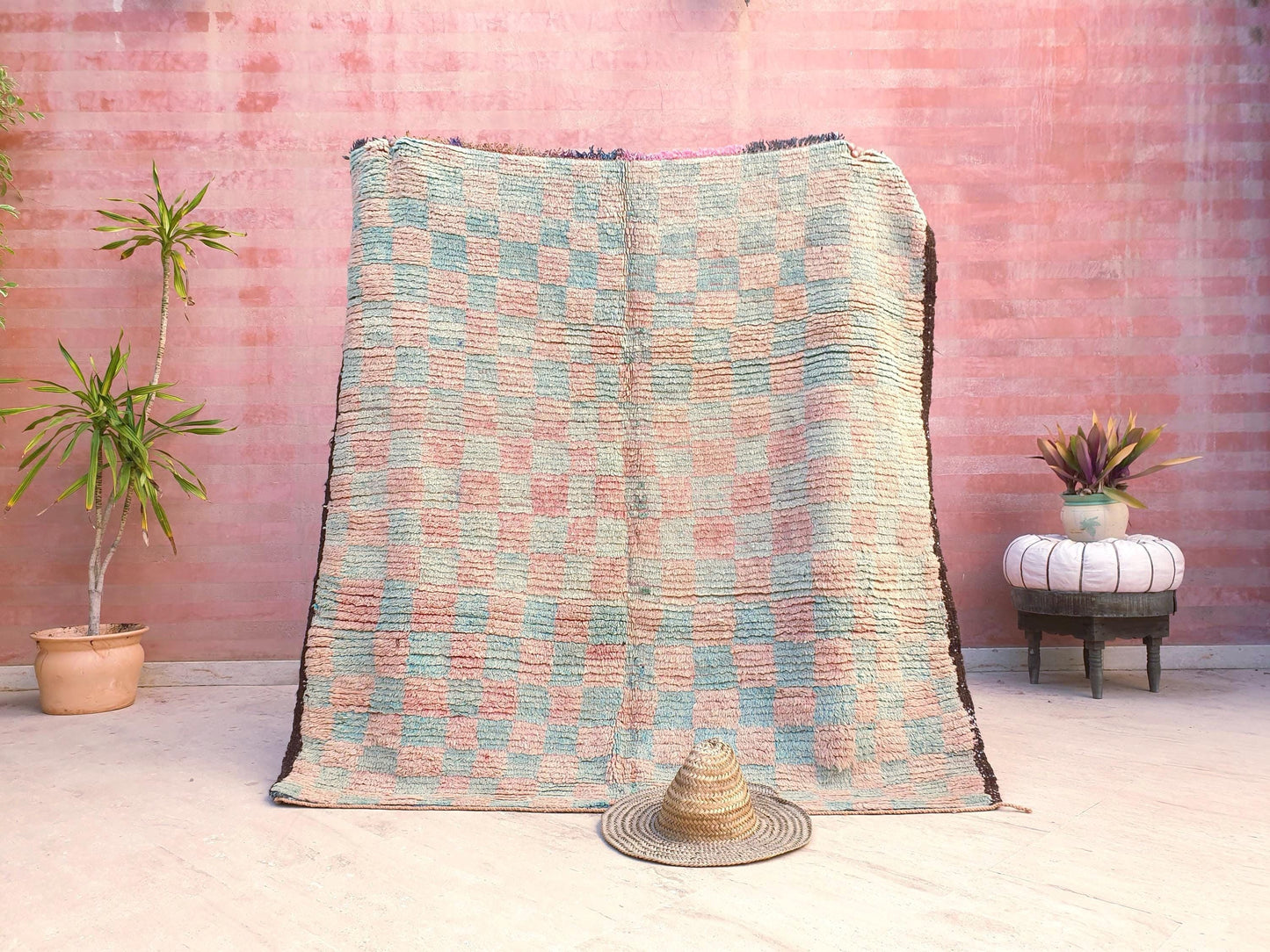 Pastel Checkered Boujaad Rug, 5.1x5.4 ft pastel aqua blush rug, Vintage Moroccan rug, Vintage Boujaad squarish rug