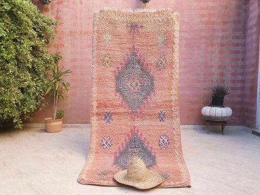 Vintage Moroccan Rug, Soft Blush Boujaad Runner 3.5x7.7 ft faded rose pastel rug, Tribal blue gray medallions, Handmade wool art