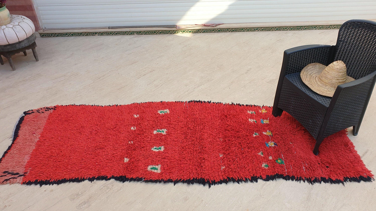 Vintage Moroccan Rug 3x9.2 Gorgeous Unique Red Boujaad Statement Runner Rug, red living room rug Abstract rug