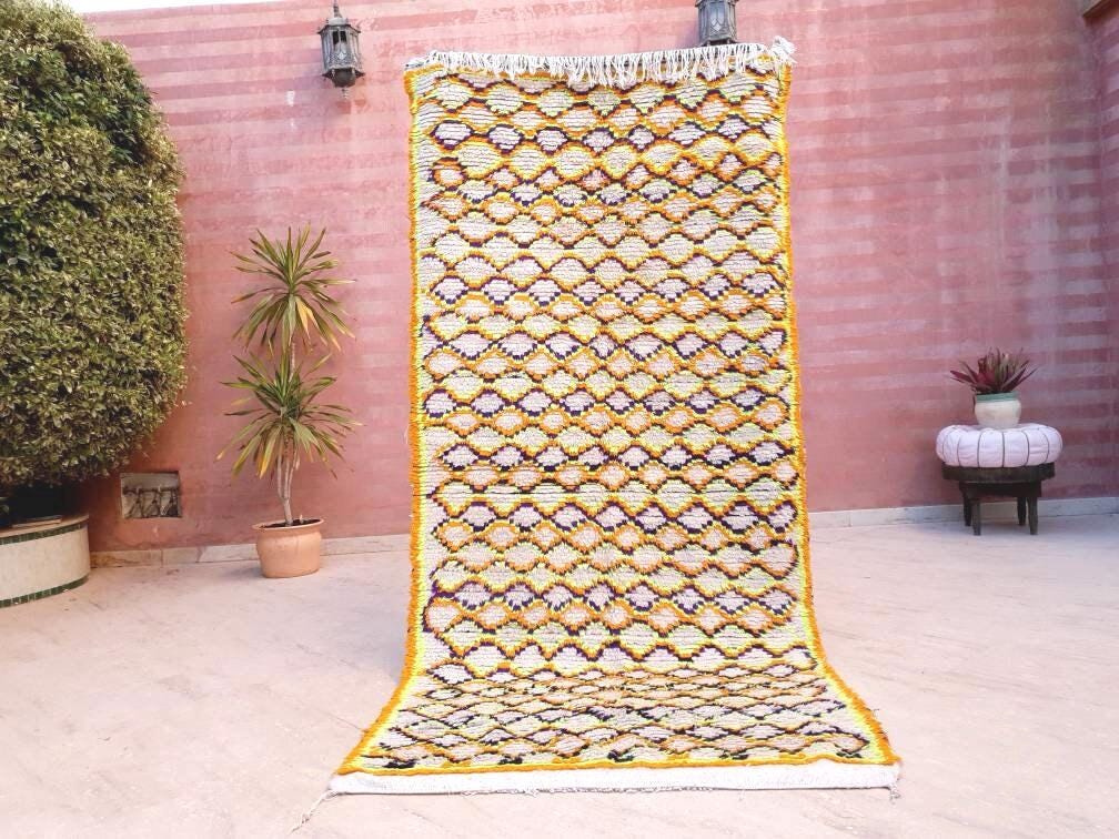 Vintage Moroccan Azilal Rug, Yellow Purple Orange, 4x8.6 ft