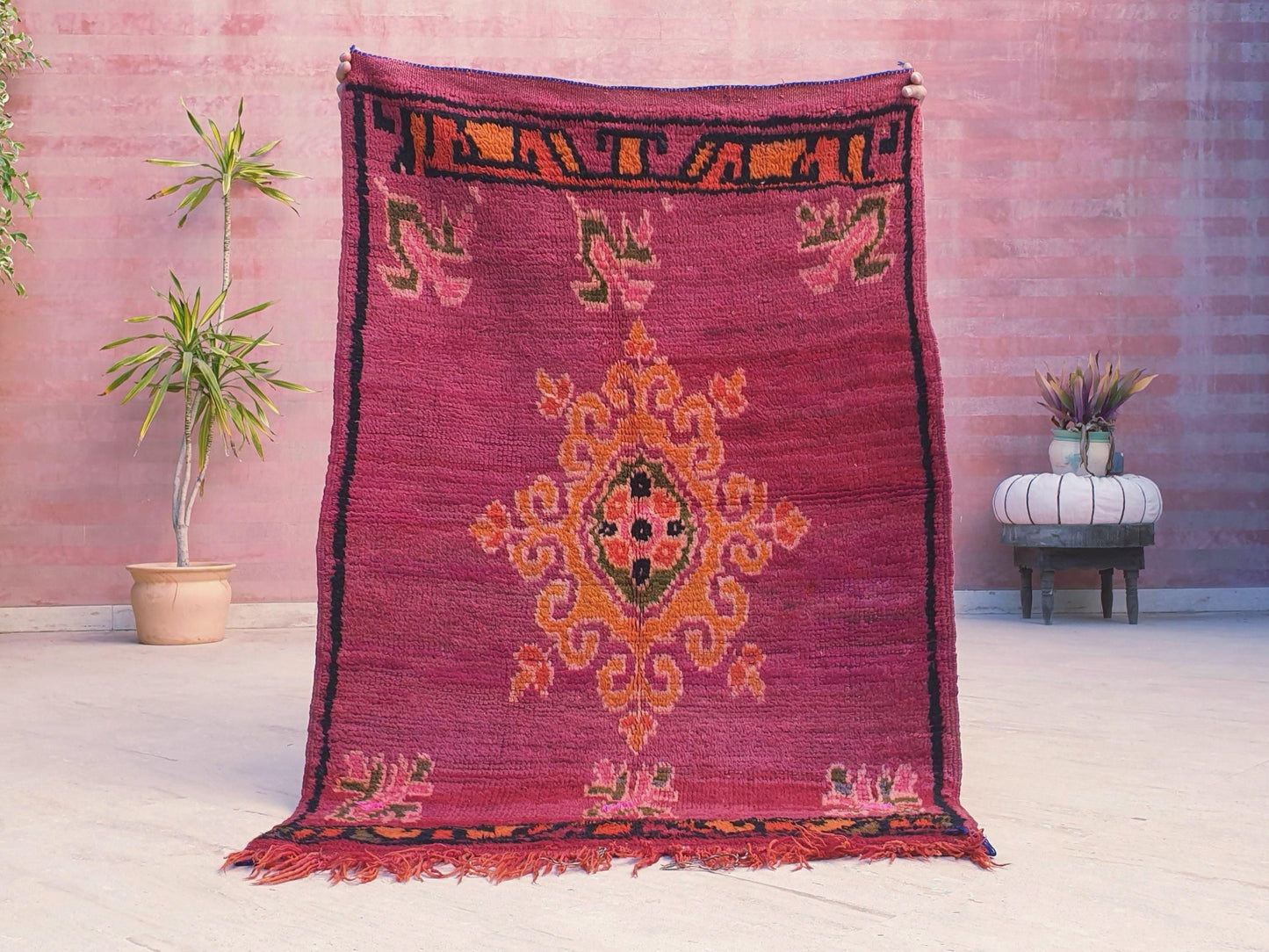 Vintage Rose Red Moroccan Rug, Small Boujaad Wool Rug (3.3x4.9 ft)