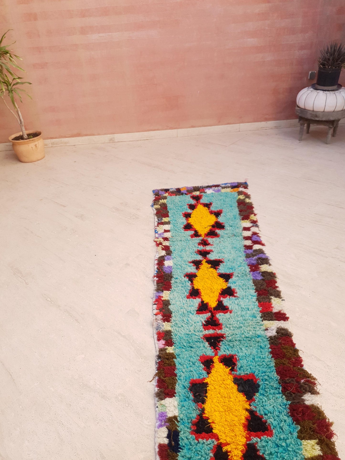 Turquoise Berber Hallway Runner Rug: Wool & Cotton Boujaad Rug, 2.2x8 ft