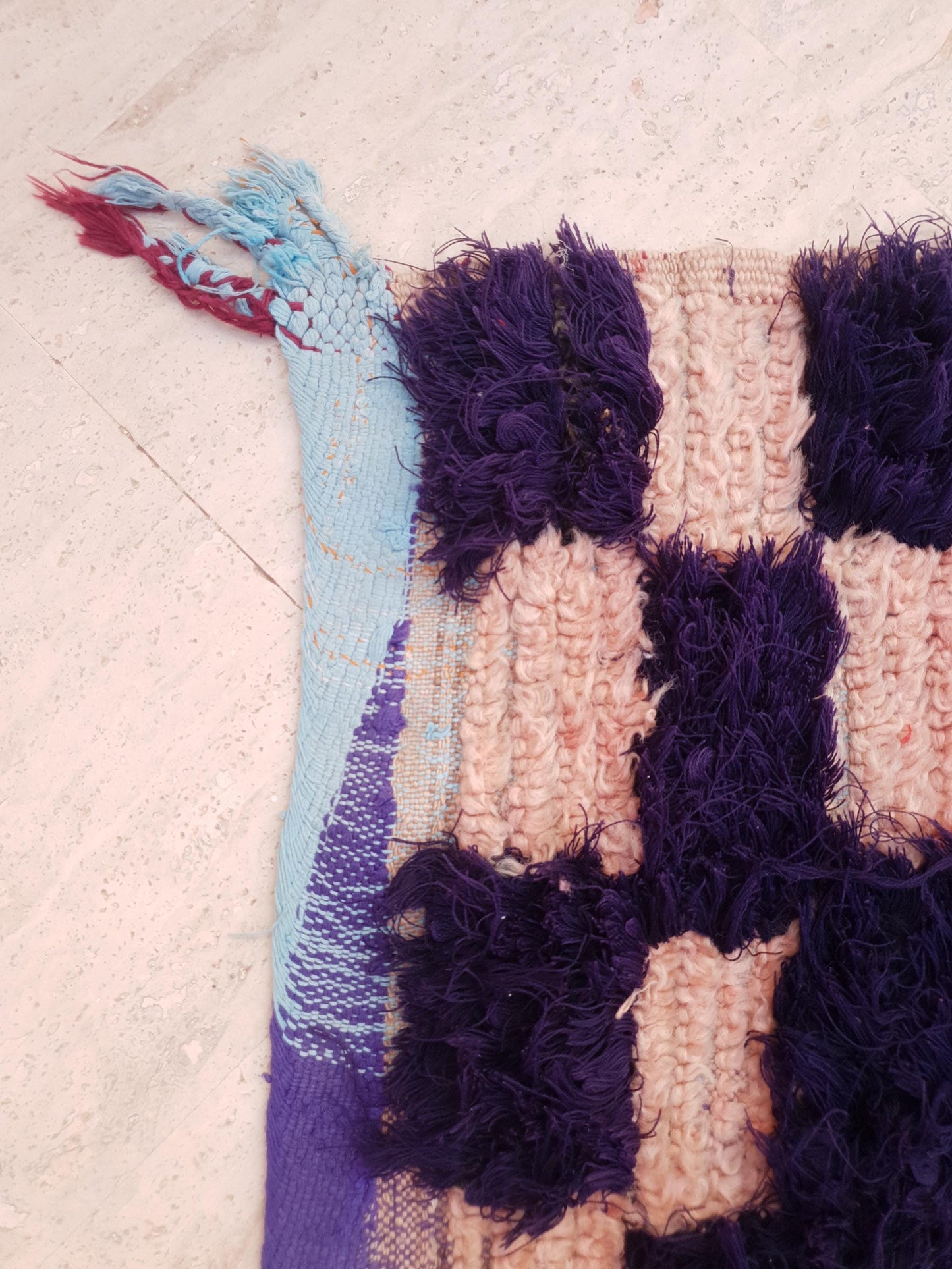 Vintage Moroccan Rug, Unique Checkered Blush powder Pink and Purple Boujaad Rug boucherouite rug, Unique accent rug