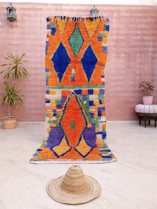 Vintage Moroccan Runner Rug 3.1x8.5 Unique Stunning Boujaad rug, Artistic rug, Hallway rug, Unique colorful rug, Authentic Berber rug