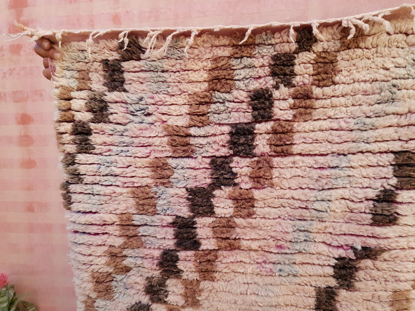 Vintage Moroccan Rug 2.4x9.8 checkered Boujad Runner Rug, Super unique Berber Brown Blush hallway Rug, boho boujaad rug