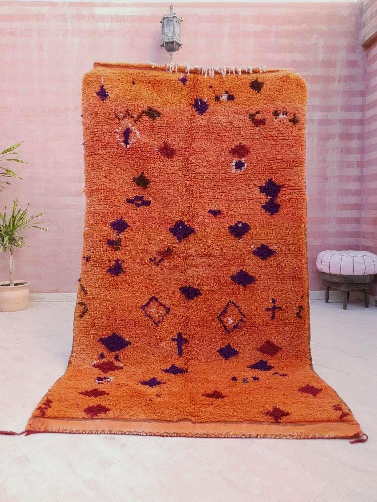 Vintage Moroccan Rug 4.7x8.3 stunning orange papaya boujaad rug, Vintage Beni Ourain Rug bedroom rug, living room rug