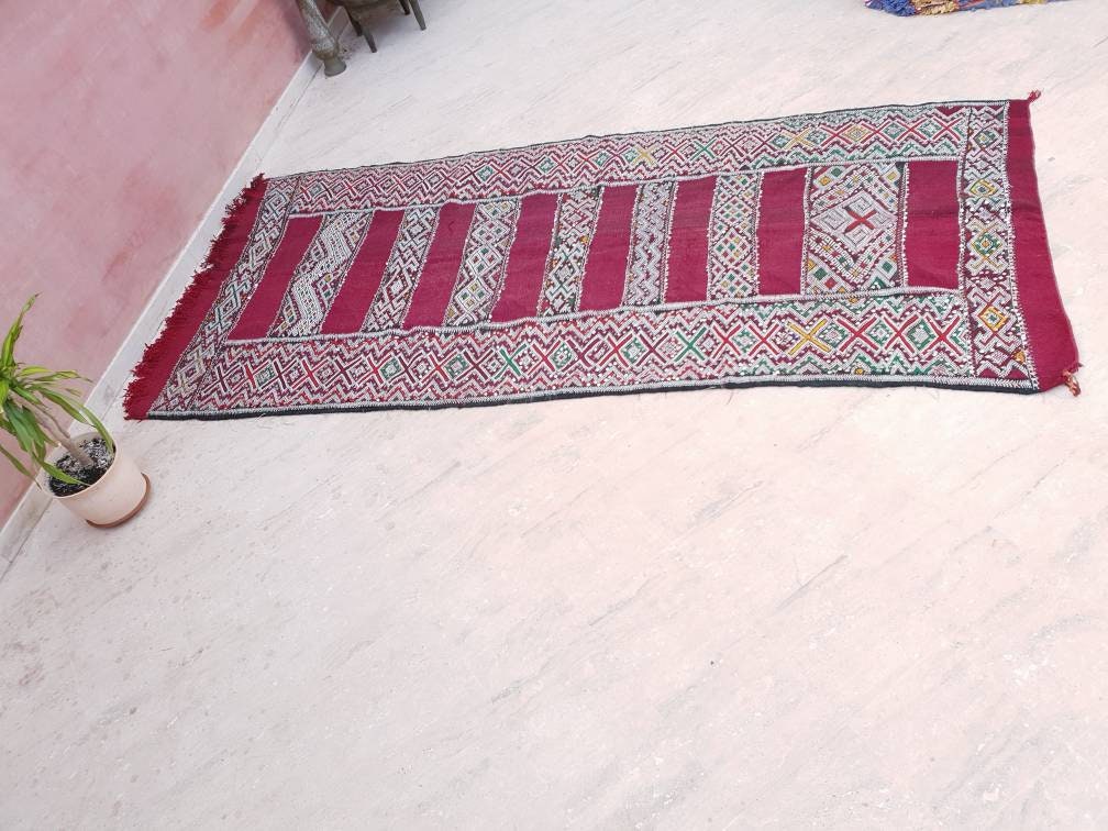 Vintage Sequined Berber Rug | 4x10 ft Maroon Moroccan Kilim Runner