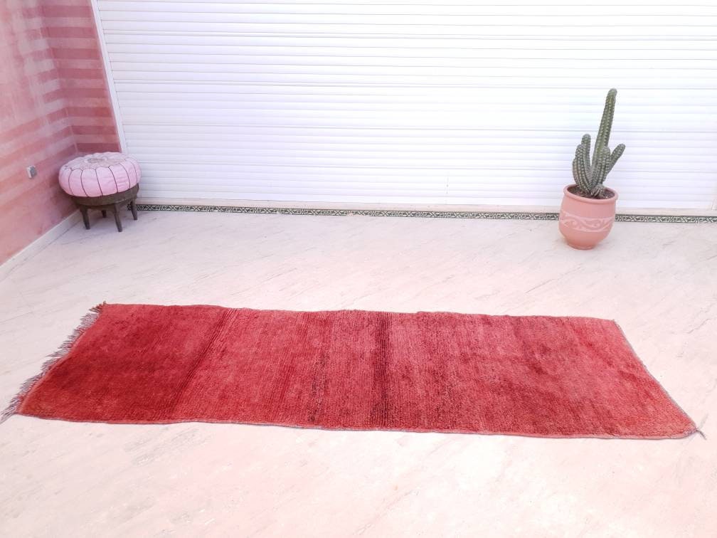 Vintage Moroccan Rug 3.3x10 Velvet Gorgeous Boujaad red runner rug, Artistic Hallway rug, Unique red runner rug