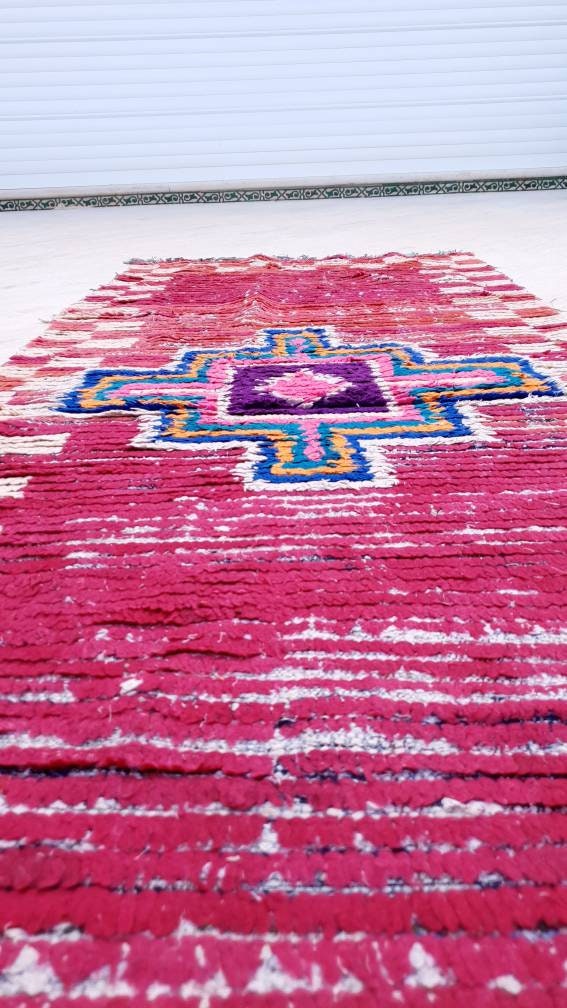 Vintage Moroccan rug 3.1x8.1 Gorgeous Boujaad runner rug, Maroon Beet Purple Boujad rug, Entry hallway rug