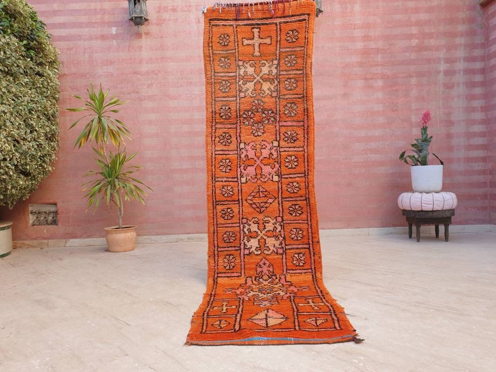 Vintage Boujaad Runner Rug: 2.5x9.8, Papaya Orange Berber Rug