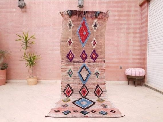 Vintage Moroccan Rug 3.5x9.5 boujaad runner rug blush pink rug living room rug hallway rug bedroom rug pink rug