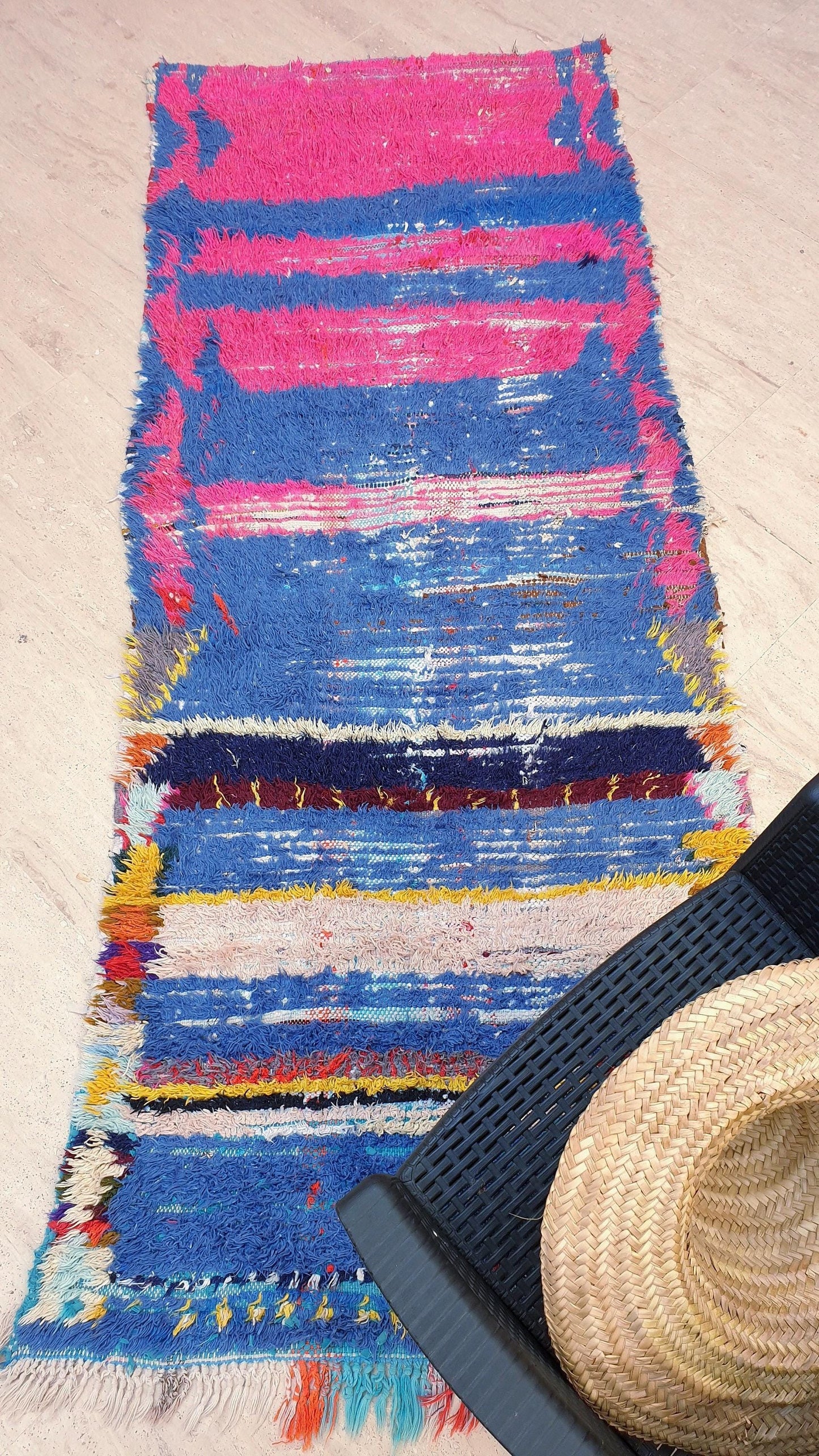 Vintage Moroccan Rug 3.2x7.8 Gorgeous Blue Pink Rug Boujaad Rug, fushia turquoise artistic Rug, boho boujaad rug