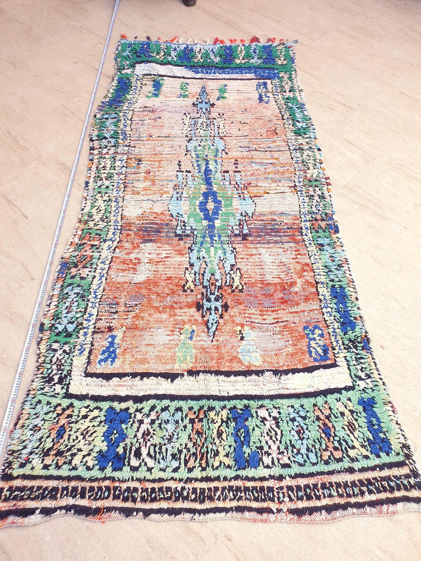 Vintage Moroccan Rug, Painterly Abstract Boujaad rug , 4.2x9 ft Earth & Ocean Tones pastels rug, pastel bohemian rug