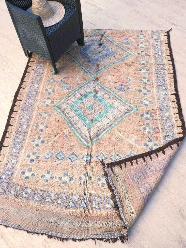 Vintage Moroccan Rug 5.4x7 Marvelous large cream rug Latté Boujaad Teal Beige rug, pastels morocan rug, squarish carpet