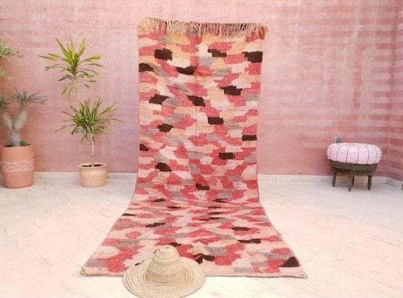 Vintage Moroccan rug 4.1x10.5 Stunning Boujaad rug, Checkered Boujad Rug, blush warm tones muted rug  living room rug
