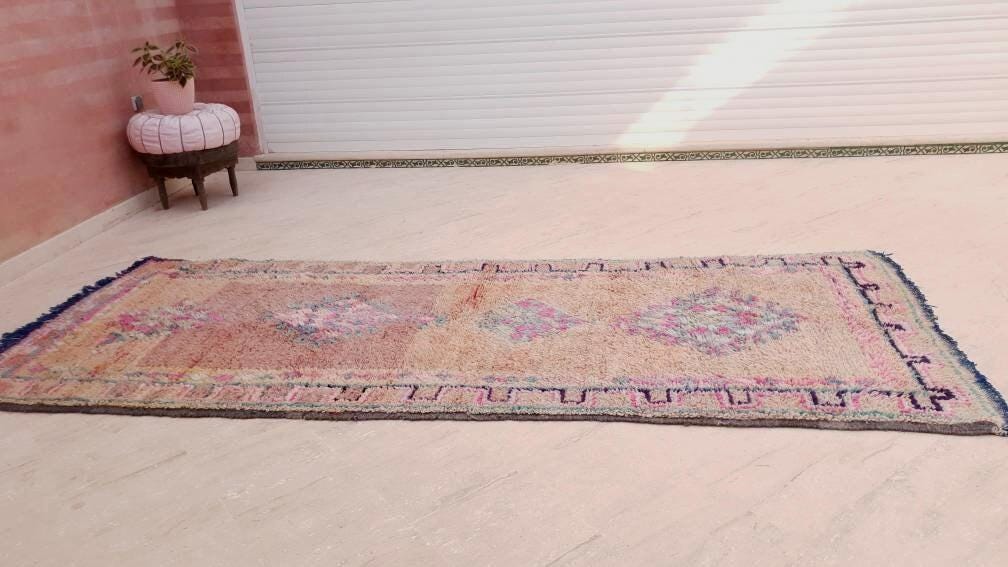 Vintage Moroccan rug 4x10.2 Gorgeous Boujaad rug, Blush Aqua Beige Pink pastels rug vintage berber boujad hallway rug