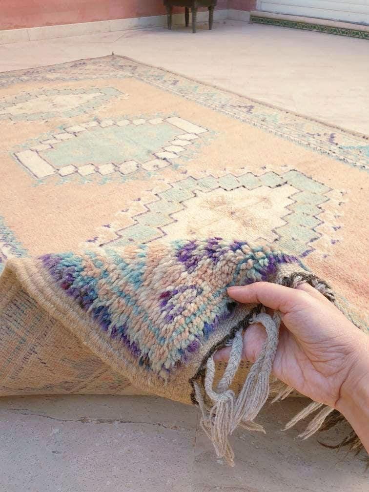 Vintage Moroccan rug 5x8.5 Precious Blush teal lavender Rug, Peach boujaad rug, Unique Taznakht rug