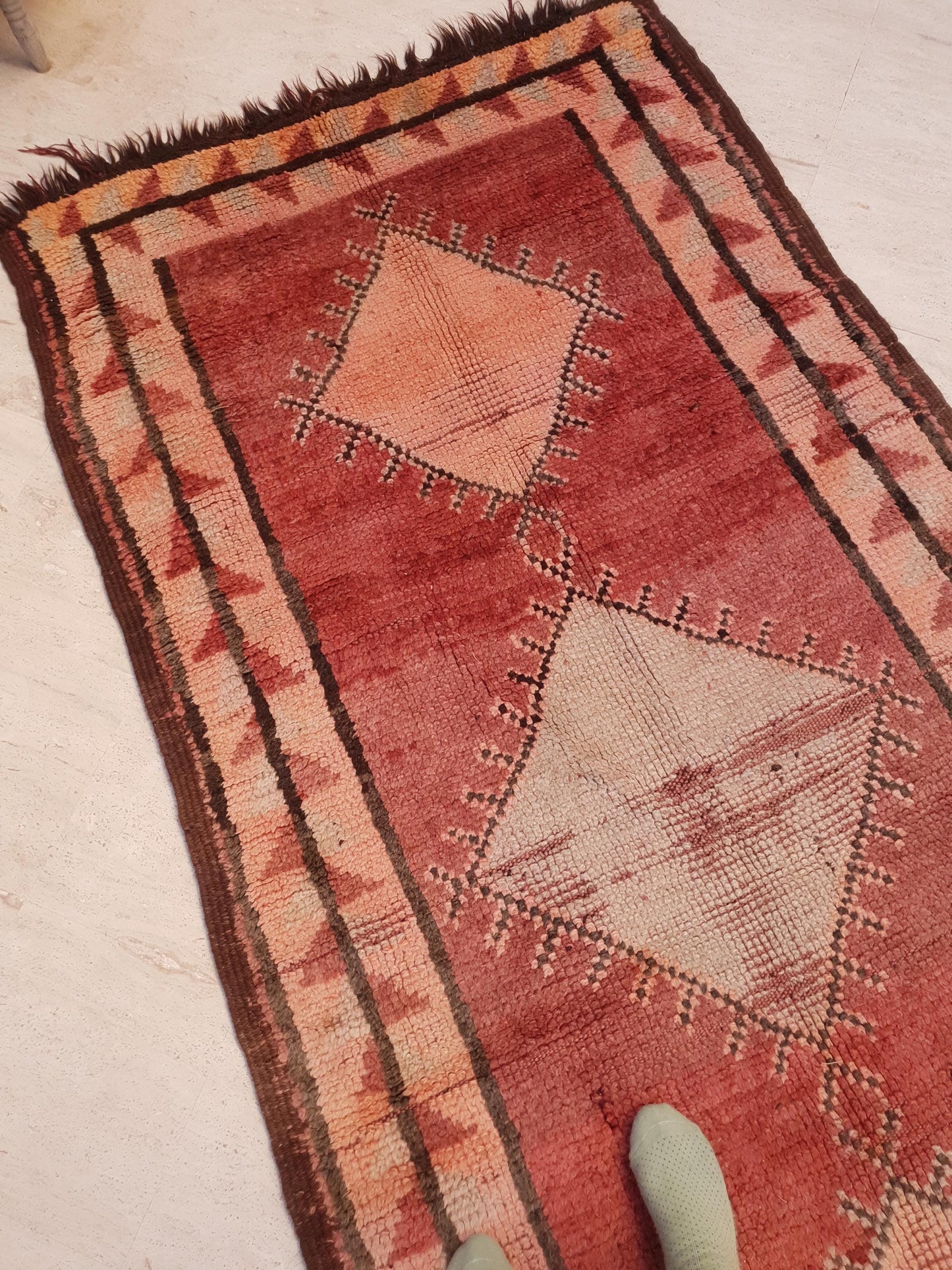 Vintage Moroccan Rug, Rare Terra Rose Boujaad Runner, 4.1x8.7 ft earthy pink & clay hallway rug, Handmade tribal diamond rug, One-of-a-kind