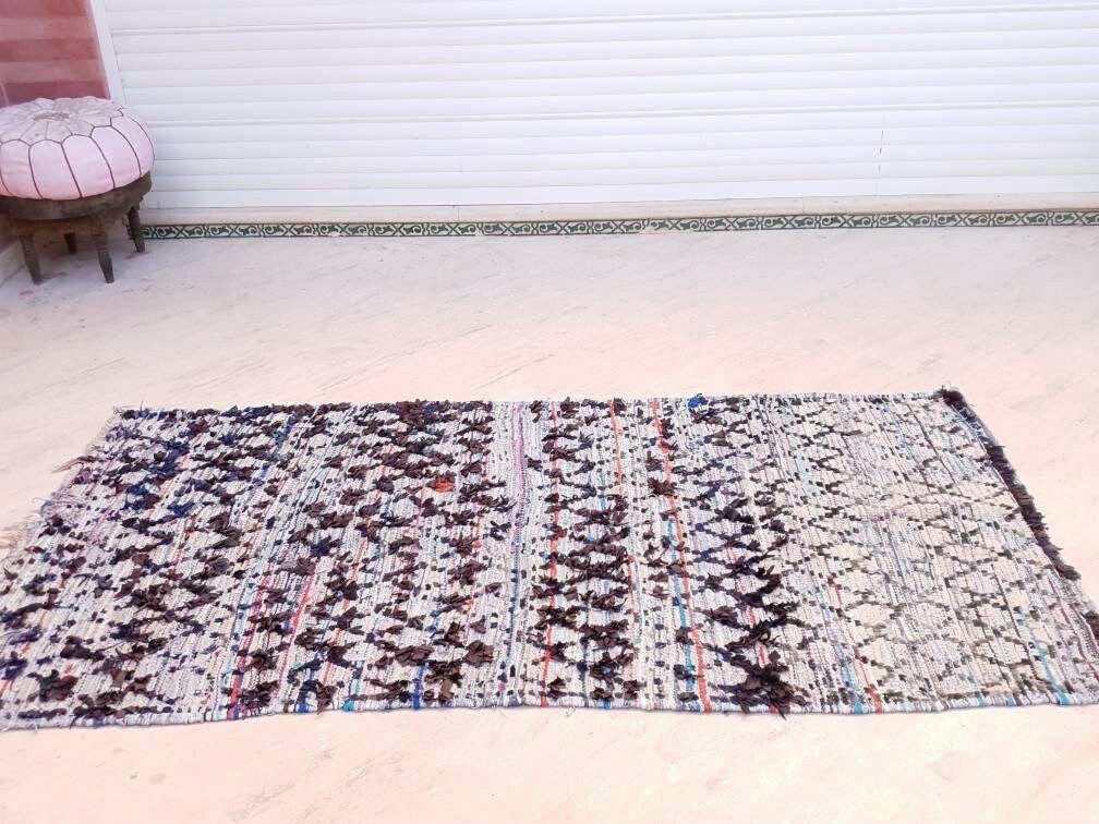 Vintage Moroccan Rug  3.8x7.5 Rare Azilal Berber Boucherouite rug, tribal rug bedside rug bedroom rug living room rug vintage accent rug