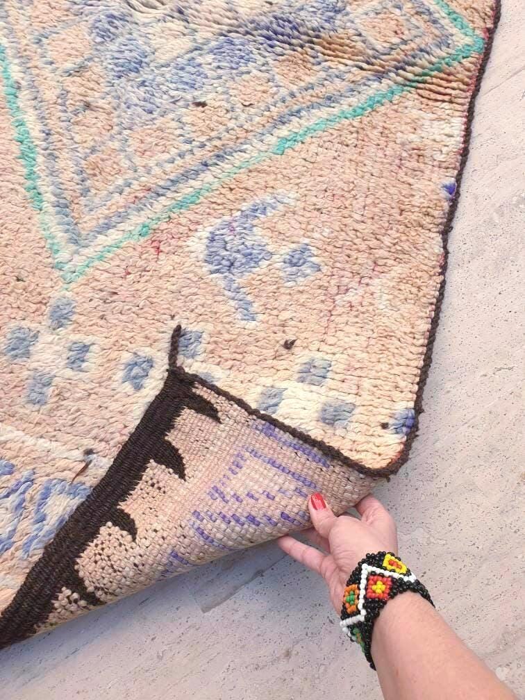 Vintage Moroccan Rug 5.4x7 Marvelous large cream rug Latté Boujaad Teal Beige rug, pastels morocan rug, squarish carpet