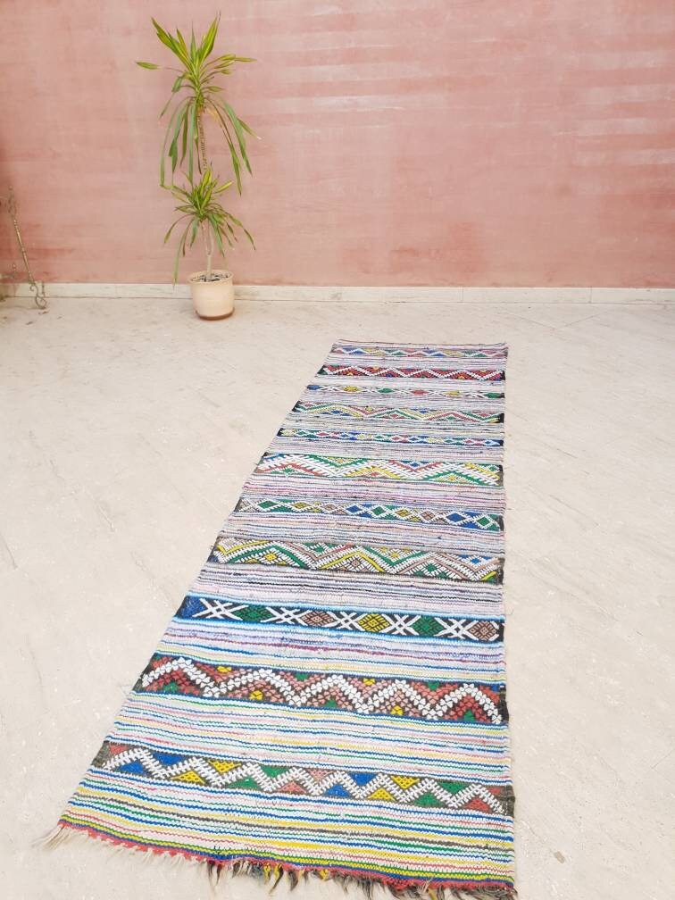 Vintage Moroccan Kilim Runner Rug, Handwoven Berber Wool (2.9x8.7 ft)