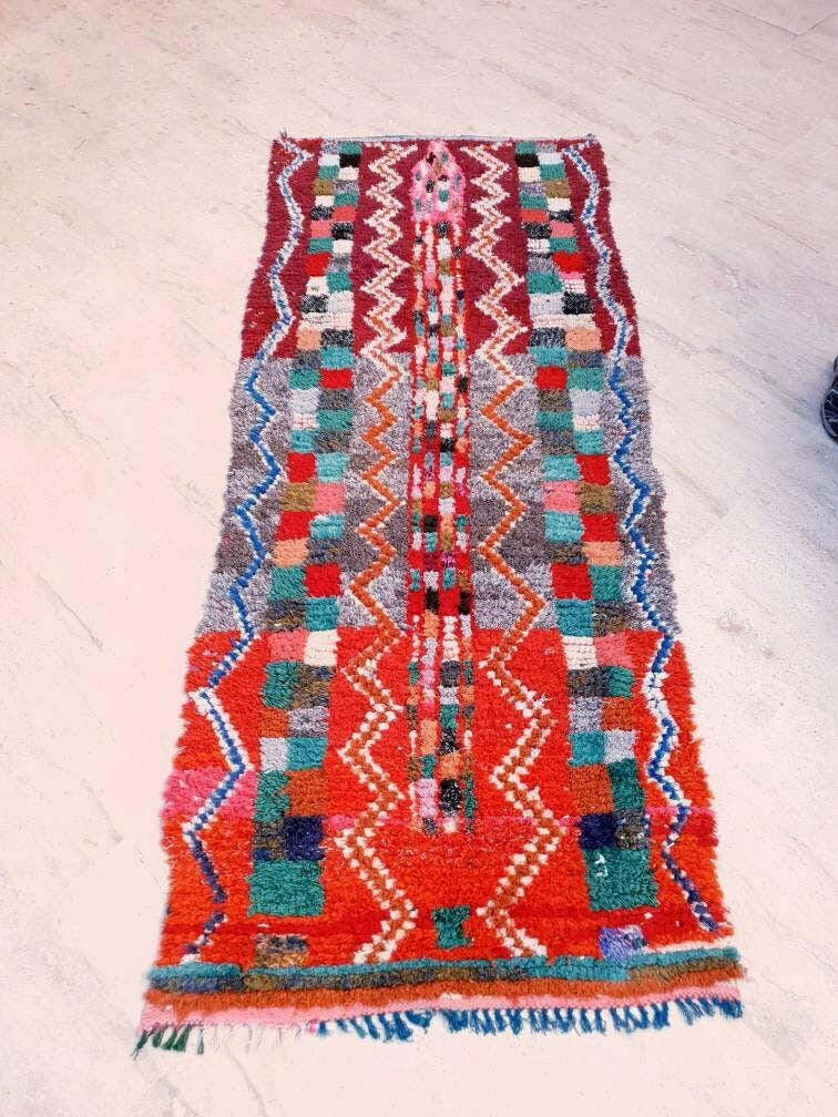 Vintage Orange Red Moroccan Rug 2.9x7.1 Unique Berber Azilal Rug