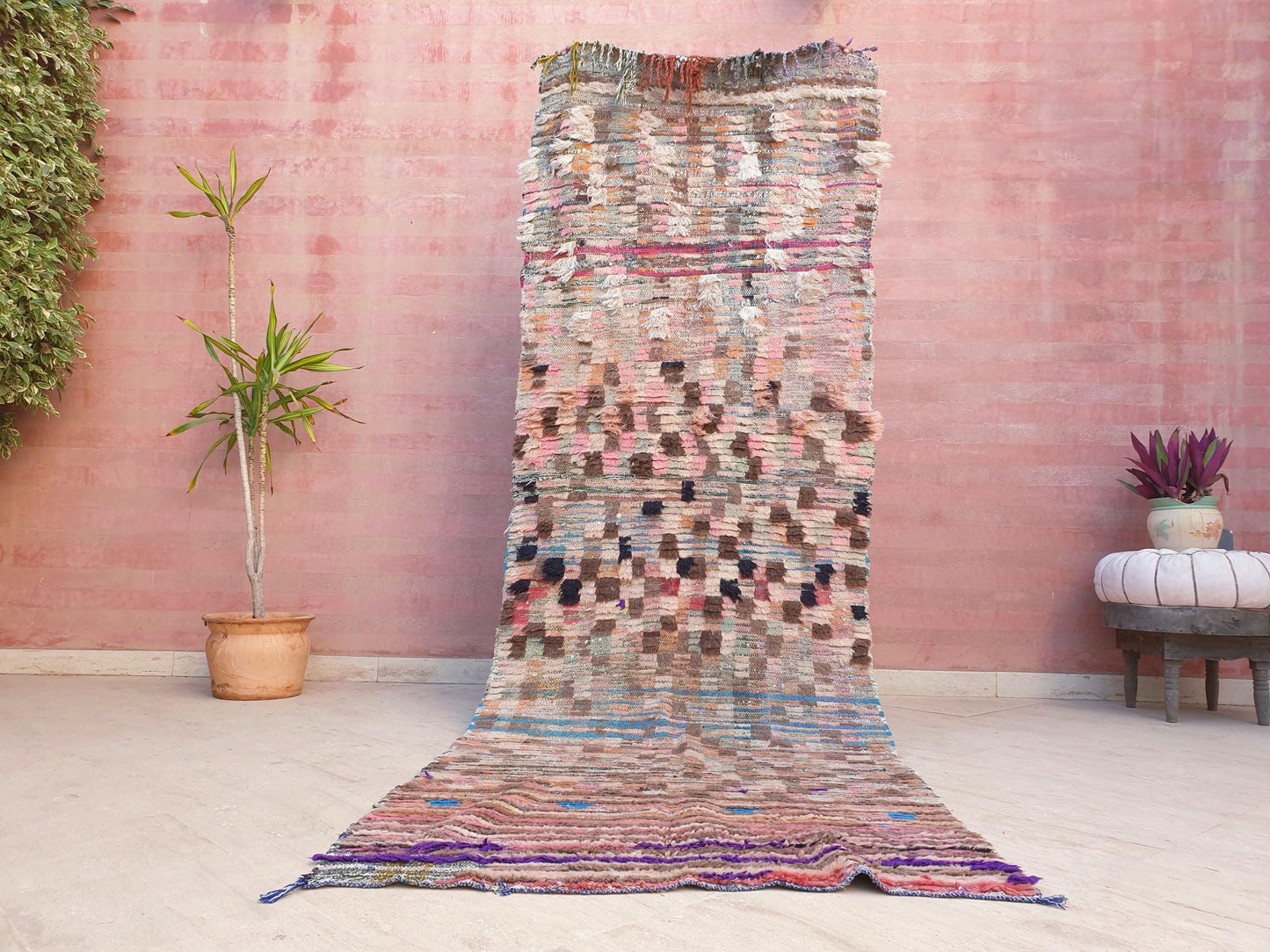 Vintage Moroccan rug 3.3x10 Gorgeous Blush earth tones Checkered rug | Pinl Brown Boujaad rug, boujad statement piece