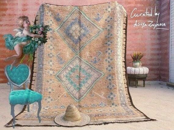 Vintage Moroccan Rug 5.4x7 Marvelous large cream rug Latté Boujaad Teal Beige rug, pastels morocan rug, squarish carpet