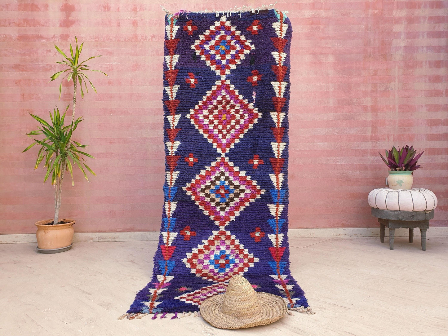 Vintage Moroccan rug 3x7.8 Gorgeous blue purple Boucherouite Rug, hallway rug, geometric runner rug, blue boujaad rug
