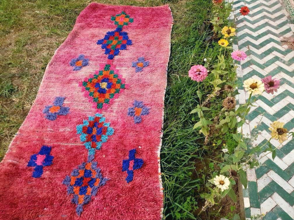Vintage Moroccan rug 3.5x8.5 | incredible blush Boujaad rug | morrocan Boujad rug | antique area rug | Entry hallway rug