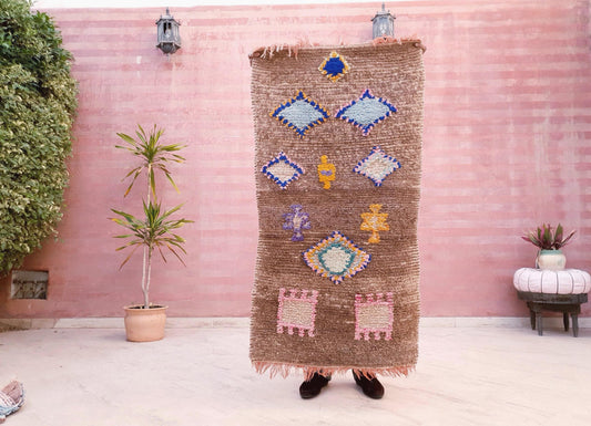 Vintage Moroccan Rug, Brown & Pastel Art Runner 2.3x4.3 ft playful Boho décor, Small colorful handmade treasure