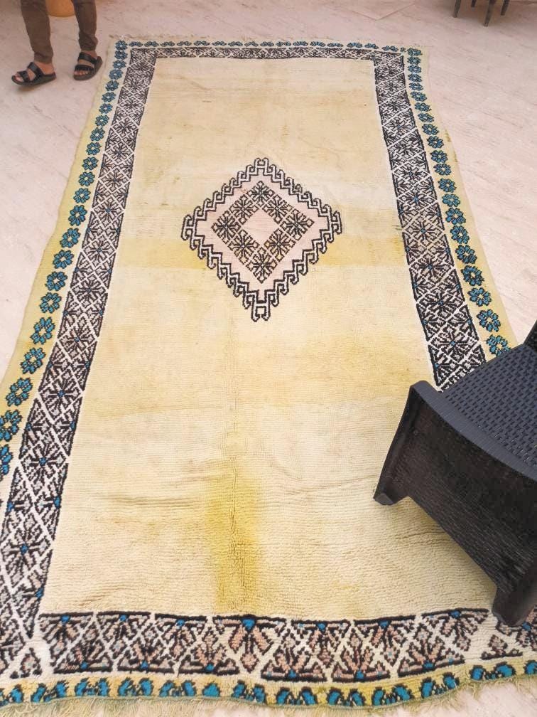 Precious Moroccan Rug 6.6x13 Vintage Boujaad rug, Gaudi Artistic rug, Large yellow mustard rug, Unique Boujad rug