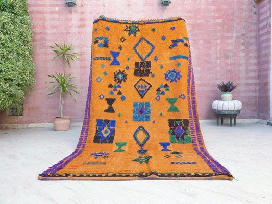 Stunning Moroccan Rug 5.1x8.1 Super Pretty Vintage Boujaad rug, Unique boujad rug, Blue Papaya Orange Berber carpet