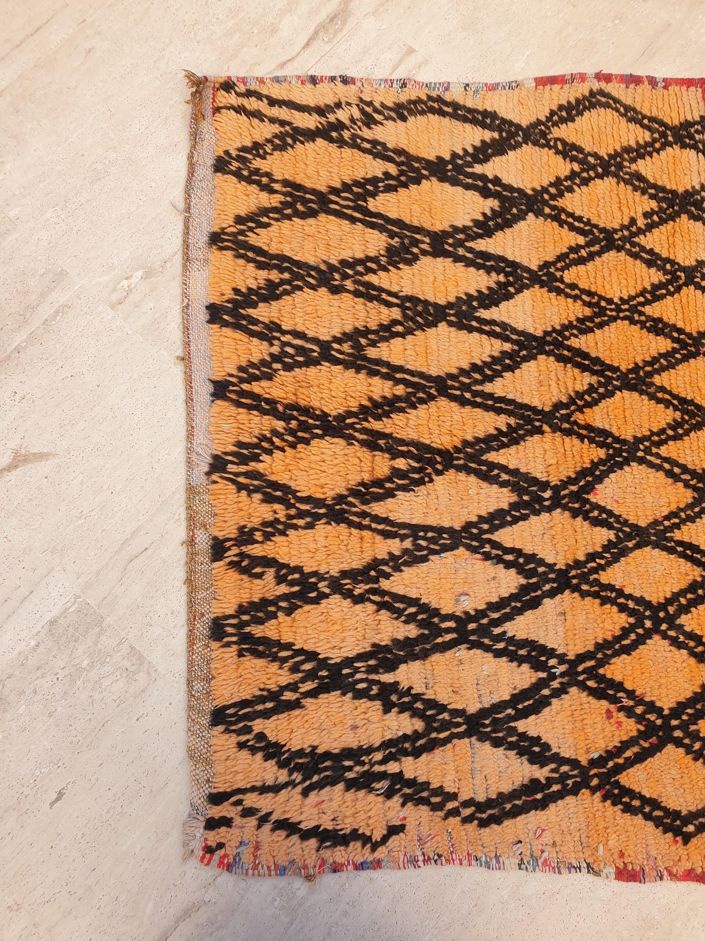 Vintage Moroccan Boujaad Rug Amber Orange with Black Diamond Pattern •  3.6 x 5.6 ft •