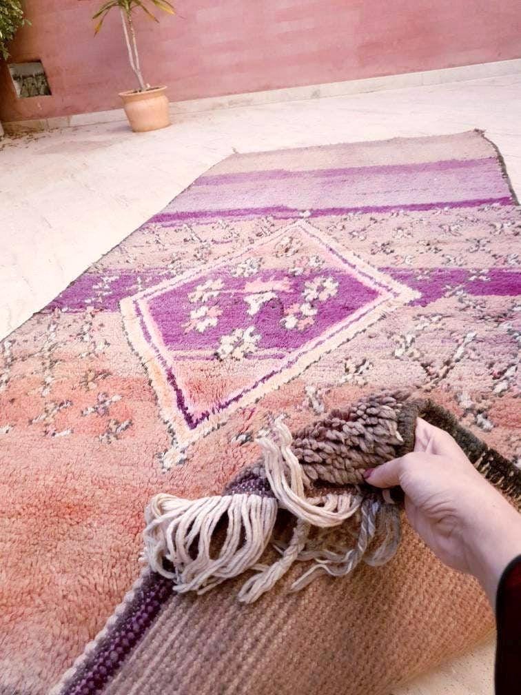Vintage Moroccan Rug 3.9x8.5 Gorgeous Purple Peach Blush rug "Roses & Butterflies" Unique boujaad rug mauve purple rug