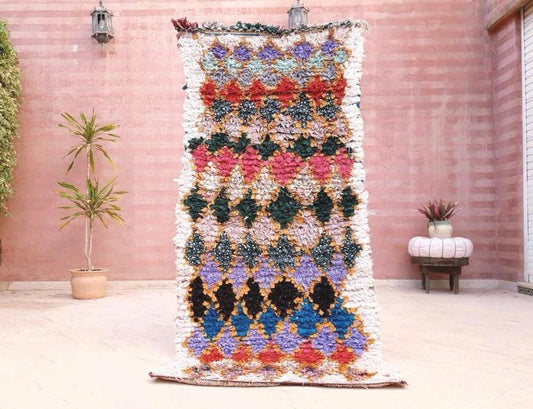 Super Pretty Vintage Moroccan Rug 3x6.4 Boucherouite Rug, White & Colorful Berber Rug, Unique Moroccan tribal Rug