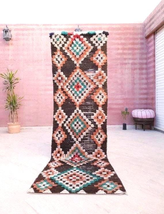 Vintage Moroccan Rug 2.6x9.2 Brown Boho retro runner Rug Morrocan rug  bedroom rug, living room rug boujaad accent rug