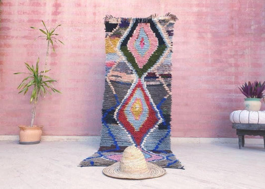 Vintage Moroccan Rug 2.9x8.3 Gorgeous Colorful Boucherouite Berber Rug, Authentic unique tribal Abstract rug