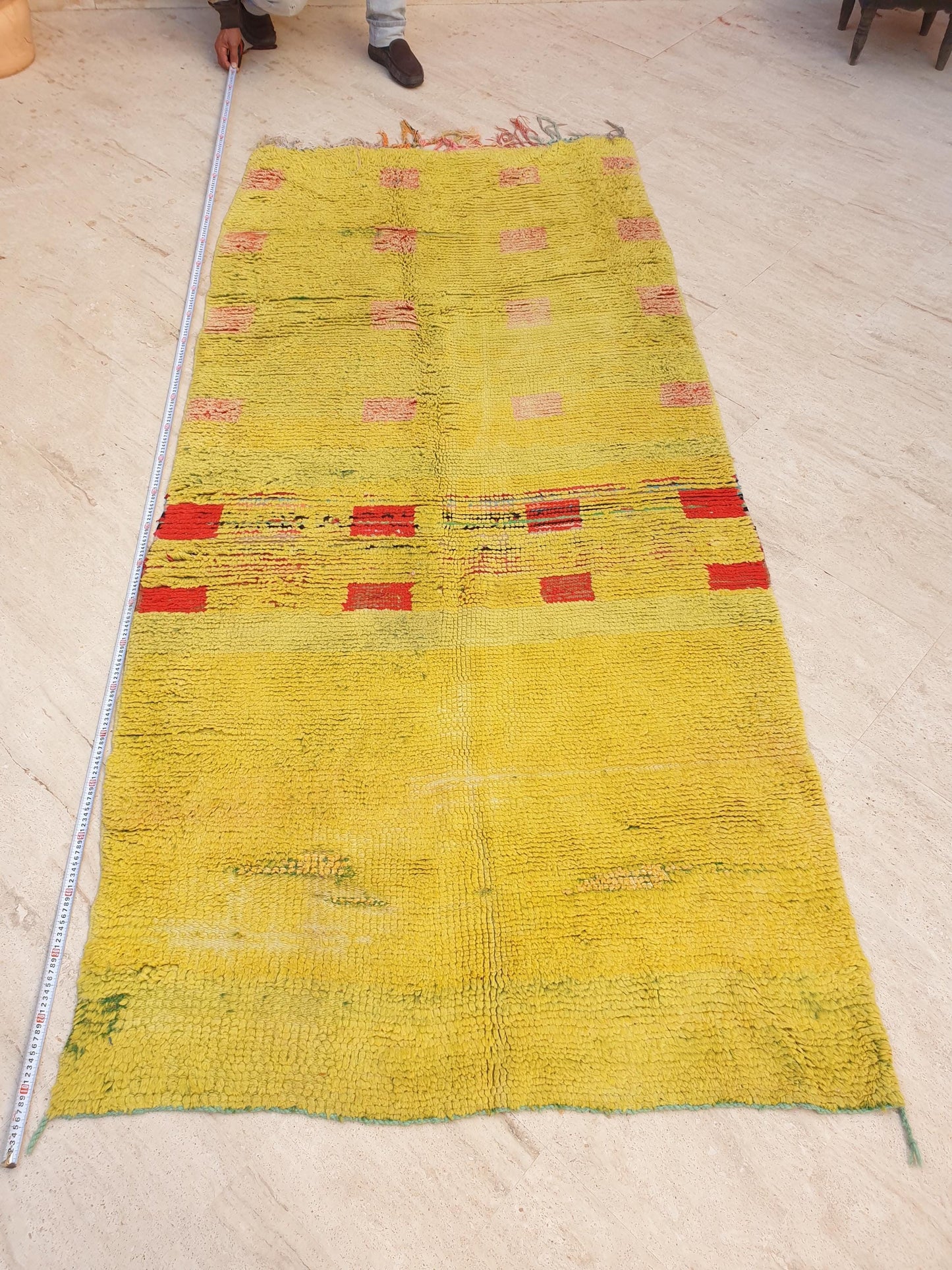 Vintage Moroccan Boujaad Rug KISS of Klimt, Yellow Wool with Red Accents, 4.2x8.6 ft