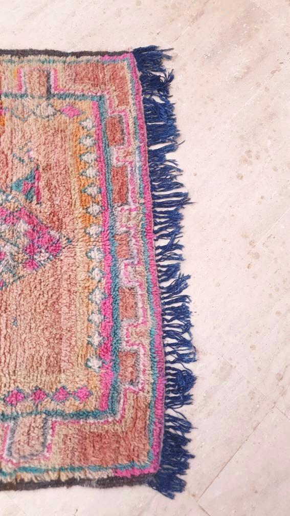 Vintage Moroccan rug 4x10.2 Gorgeous Boujaad rug, Blush Aqua Beige Pink pastels rug vintage berber boujad hallway rug