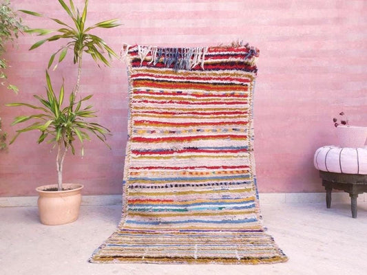 Vintage Moroccan Rug 3x6.1 Beautiful Colorful Berber Rug | Boucherouite Rug | Horizontal Lines Rug