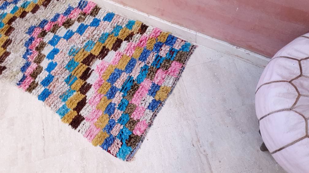 Vintage Moroccan Rug 2.5x7.7 Cute Checkered Runner Rug | Boujaad Rug  | Retro Berber Boucherouite Rug | Hallway Rug | Vintage Entry way Rug
