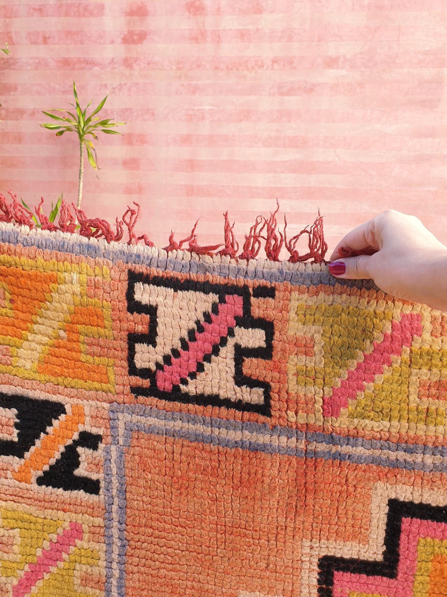 Vintage Moroccan Rug, Squarish Boujaad in Peach and Sunset Tones, 3.5x5 ft
