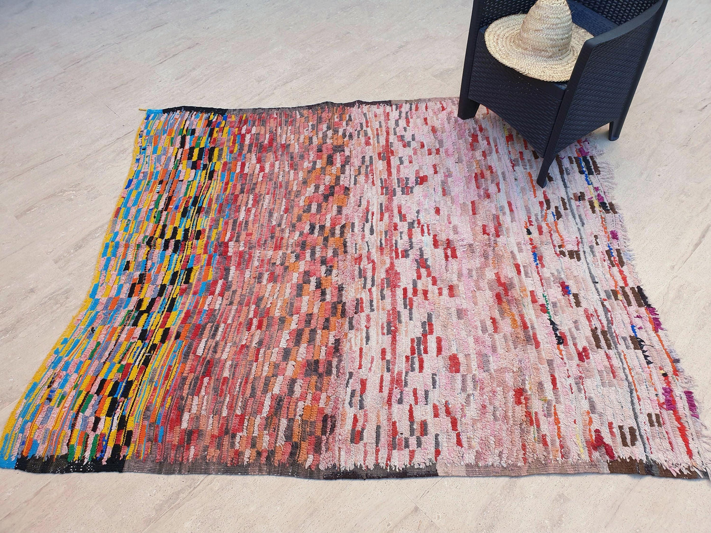 Vintage Moroccan Rug 5.5x6.5 Stunning Checkered Boujaad Rug, blush berber rug, pink checkered Hallway Rug | accent rug