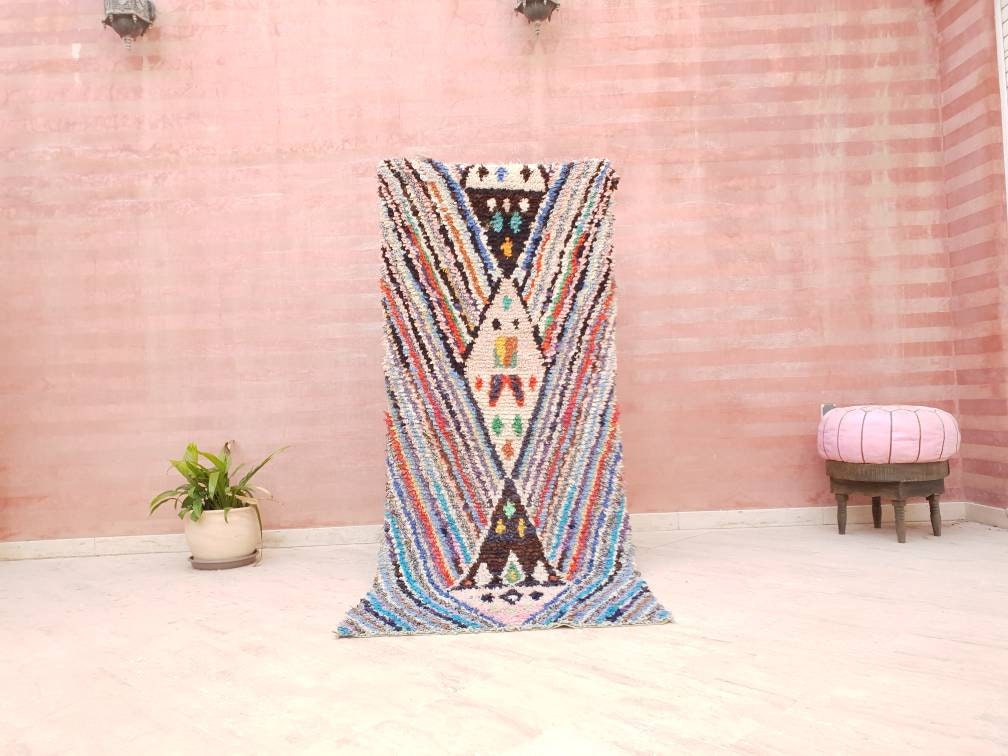 Vintage Moroccan rug, 3.1x7.5 unique  boucherouite rug  "Symmetric"  Berber hallway rug