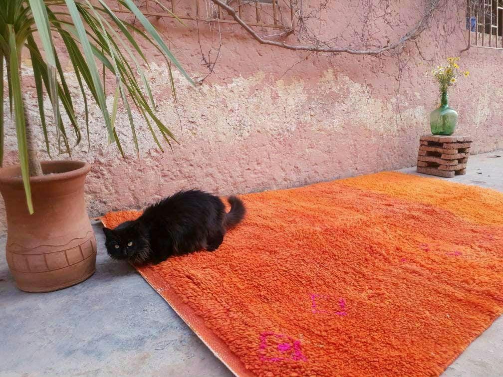Vintage Moroccan Rug 4.6x7.3 Stunning unique Orange boujaad rug, Vintage Beni Ourain Rug, beni ourain Rug, plush carpet